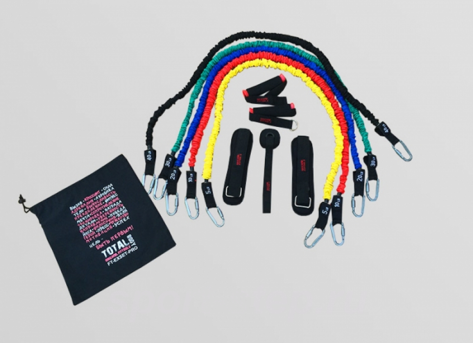 Набор эспандеров трубчатых в защитных чехлах (5 шт.) и аксессуаров в сумке Fitness Tools FT-EXSET-PRO
