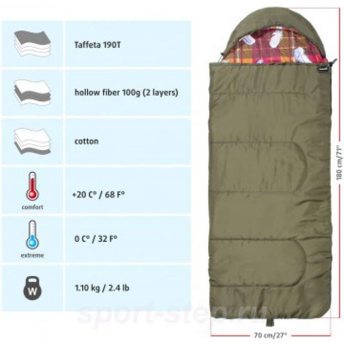 Спальный мешок БАТЫР СОК-2У (180*70) зелёный (холлофайбер) Helios