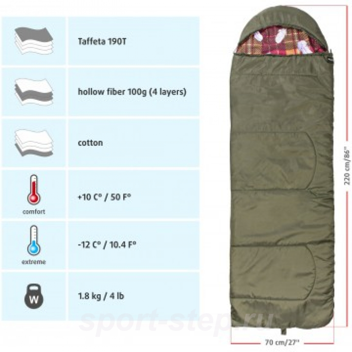 Спальный мешок БАТЫР СОК-4 (220*70) зелёный (холлофайбер) Helios